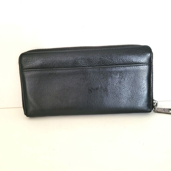 Coach Leather Wallet Solid Black Zip Around Large Clutch Classic Logo - Picture 2 of 13